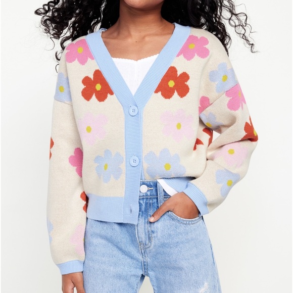 NEW Girl’s Cotton Button Front Cardigan Sweater In White Retro Floral -XXL - Picture 3 of 9